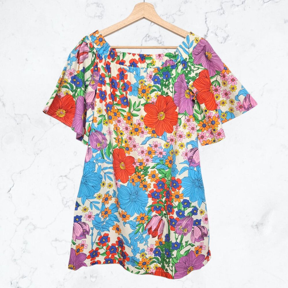 H&M Bloomcore Bardot Retro Colorful Floral Off Shoulder Bell Sleeve Swing Dress